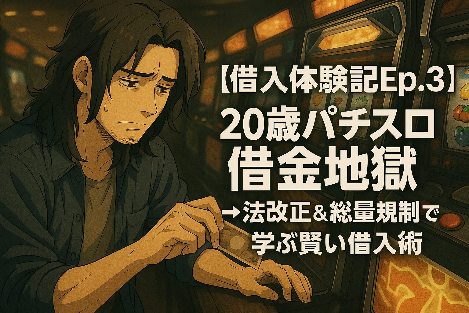 20歳になった翔太がパチスロ台に最後の札を入れようとする切羽詰まった表情 背景に並ぶスロット台とドラマチックな照明 右側に文字が浮くように【借入体験記Ep.3】20歳パチスロ借金地獄→法改正＆総量規制で学ぶ賢い借入術 を配置