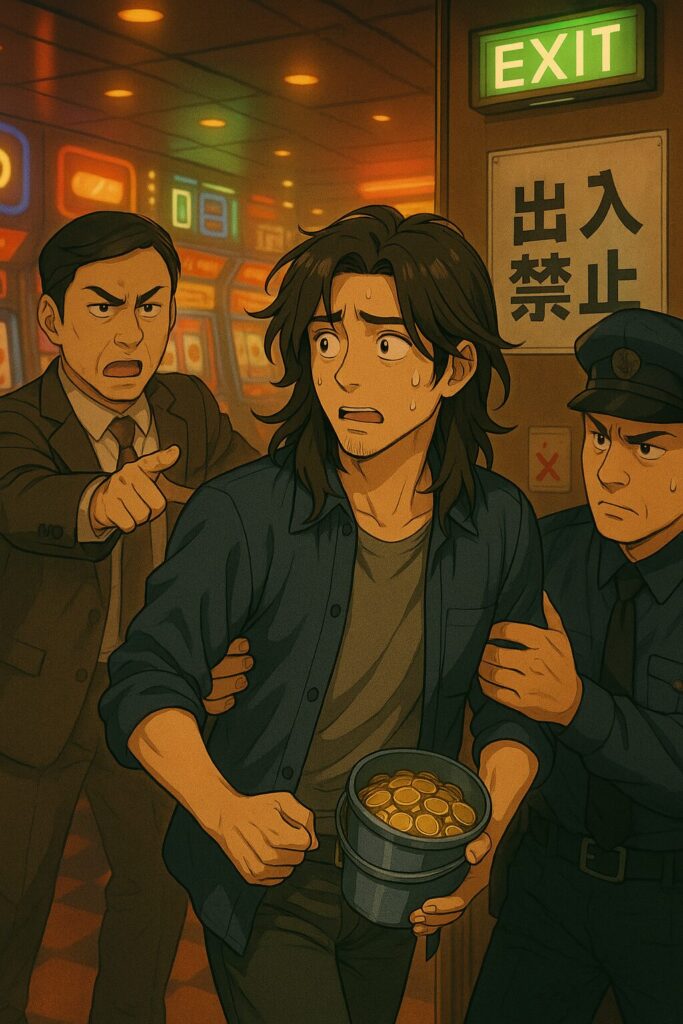 alt="小役抜き攻略で勝ちすぎた翔太が店員と警備員に腕をつかまれ、EXITと『出入禁止』の張り紙の前で店を追い出されるシーン──手にはコインバケツ、顔は驚愕と絶望"