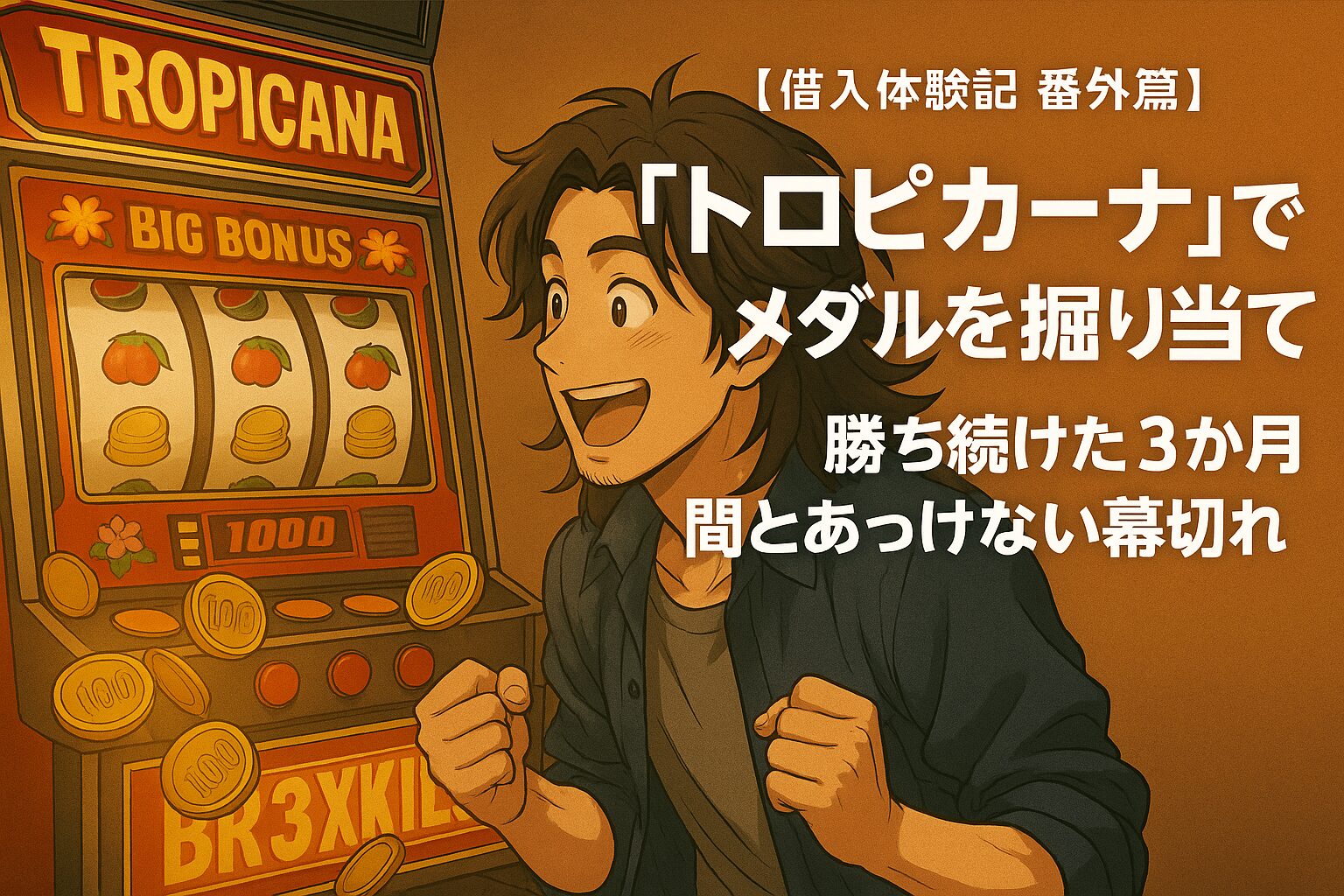 ![借入体験記トロピカーナアイキャッチ](/mnt/data/A_2D_anime-style_digital_illustration_for_an_artic.png) `alt="借入体験記 番外篇｜トロピカーナのスロットで7揃いを出しコインが溢れる中、ガッツポーズで喜ぶ翔太と大見出しテキストが入った横長バナー"`