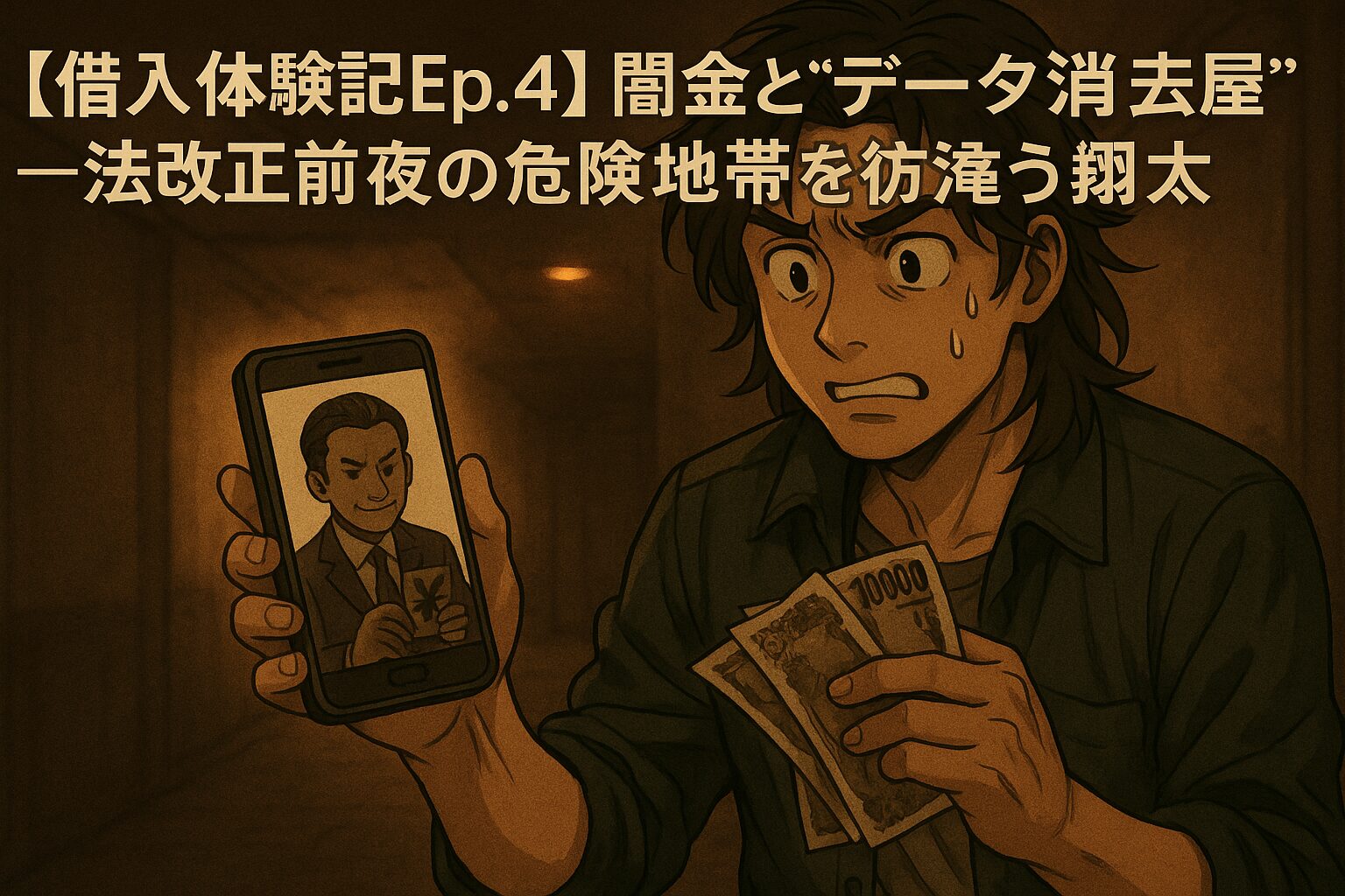 暗い路地でスマホ画面に映る冷笑する男を見つめながら、震える手に千円札を握りしめる翔太