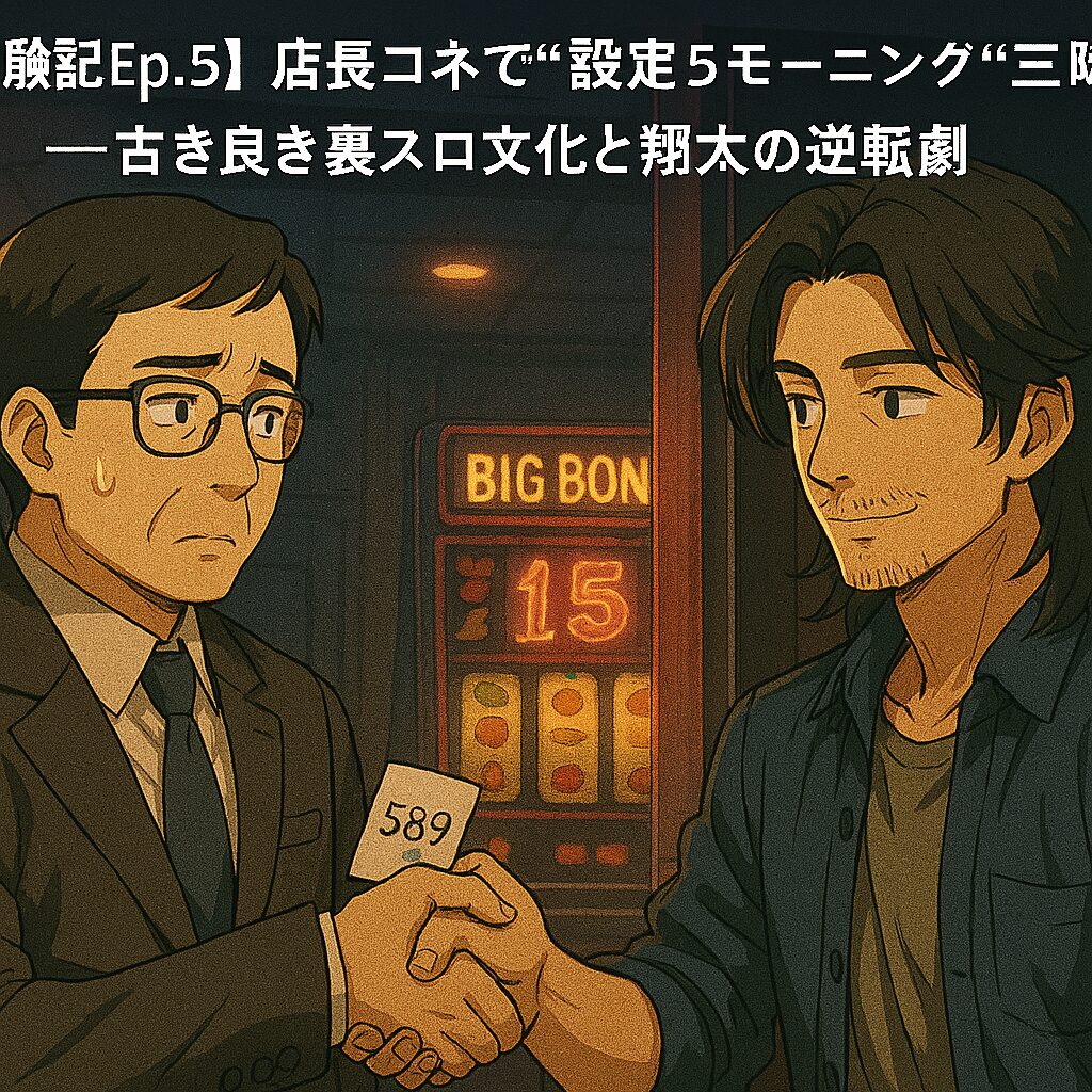夜のパチンコ店バックヤードで店長（メガネ・気弱そう）が「589」と書かれたメモを差し出し、翔太と握手を交わすアニメ風イラスト。背景には光るレトロなスロット台が並ぶ。