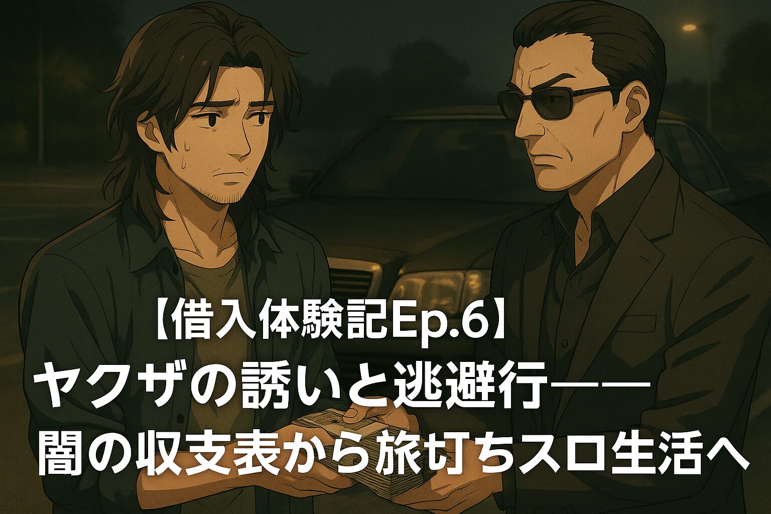 夜のパチンコ店駐車場で、黒塗りのベンツの前に並ぶ若い男性（翔太）と、サングラスをかけたヤクザ風の男。翔太は震える手で札束を差し出し、背景には街灯に照らされた車と暗い空が広がる。画面中央に『【借入体験記Ep.6】ヤクザの誘いと逃避行――闇の収支表から旅打ちスロ生活へ』のタイトルテキストが配置されている。
