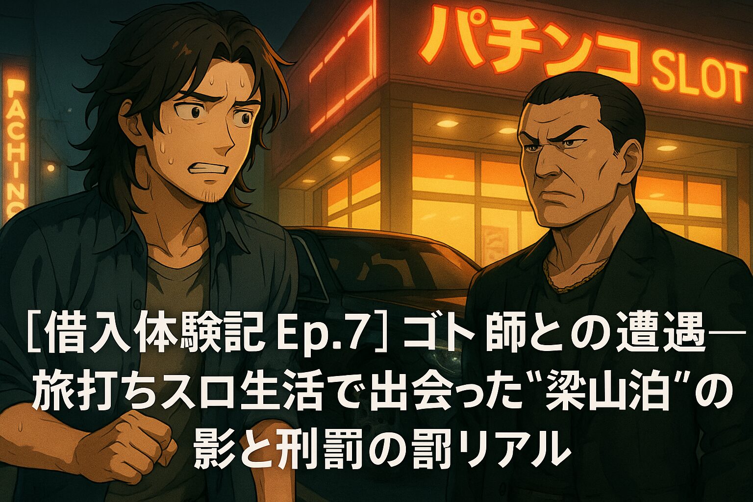 パチンコ店の駐車場で繰り広げられる緊迫した夜の睨み合い。スーツを着たヤクザが行く手を阻み、翔太は凍りつく。背後には「パチンコ SLOT」のネオンサインが光り、その上にエピソードタイトルが表示されている。