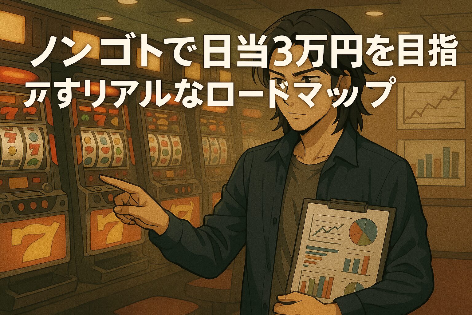ホールのスロット島でグラフ付きクリップボードを手に期待値を計算する翔太。背後に並ぶレトロ台と右側の統計チャート、タイトル『ノンゴトで日当3万円を目指すリアルなロードマップ』が大きく重ねて表示されたバナー