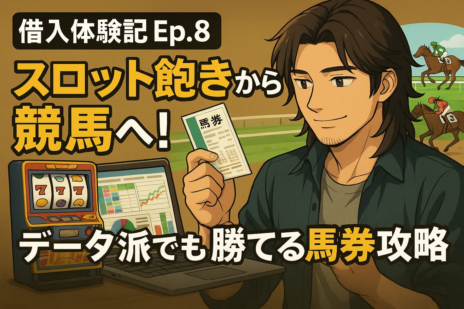 こちらがご依頼のアイキャッチ画像です。 **タイトル** 借入体験記 Ep.8｜スロット飽きから競馬へ！データ派でも勝てる馬券攻略 **画像説明（alt）** スロットから競馬に転身し、分析データを表示したラップトップを前に馬券を手に決意を新たにする翔太。背景には競馬場の走路とスロット台が並ぶ横長バナー。