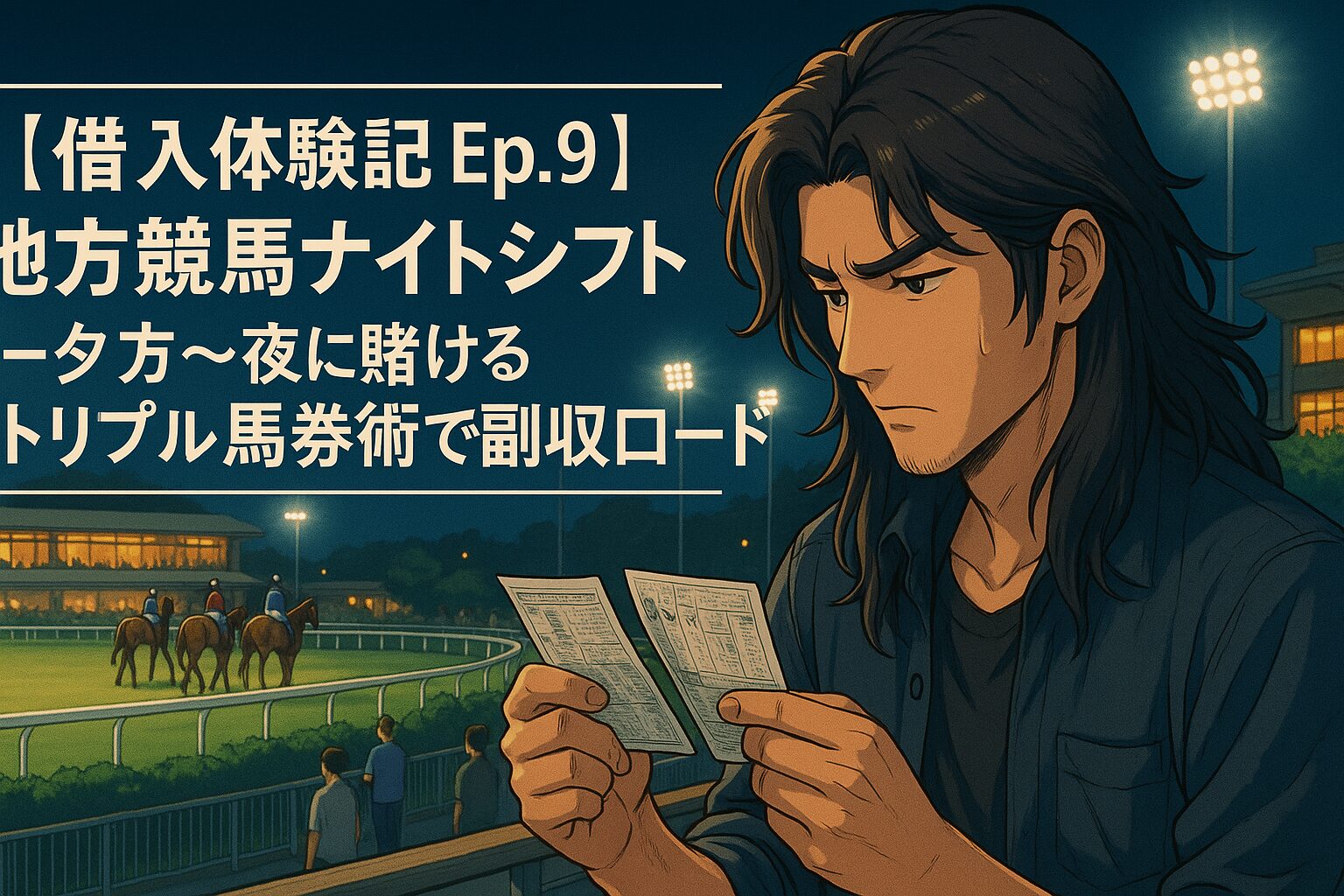 スタンド前で馬券を手にデータをじっくりチェックする翔太 ナイター照明に照らされたターフ、パドックの馬体展示、スタンドの観客 タイトル配置：画面中央に『【借入体験記 Ep.9】地方競馬ナイトシフト─夕方～夜に賭けるトリプル馬券術で副収入ロード』