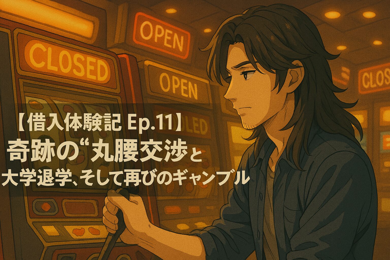 暗いカジノホールでスロット台のレバーを真剣に引く長髪の青年・翔太。背景には「OPEN」「CLOSED」のネオンサインが点在し、画面左側に横長バナー形式で「【借入体験記 Ep.11】奇跡の“丸腰交渉”と大学退学、そして再びのギャンブル戦線」というタイトルが白抜きで重ねられている。```