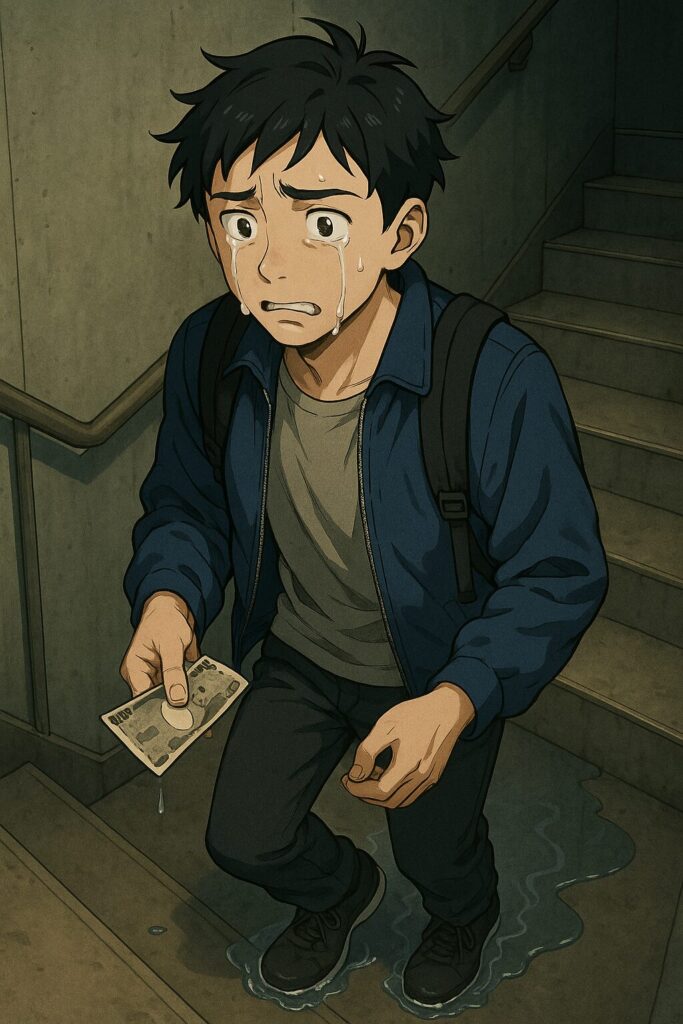 初めてお金を借りて不安で泣きながらお札を握りしめて帰る翔太