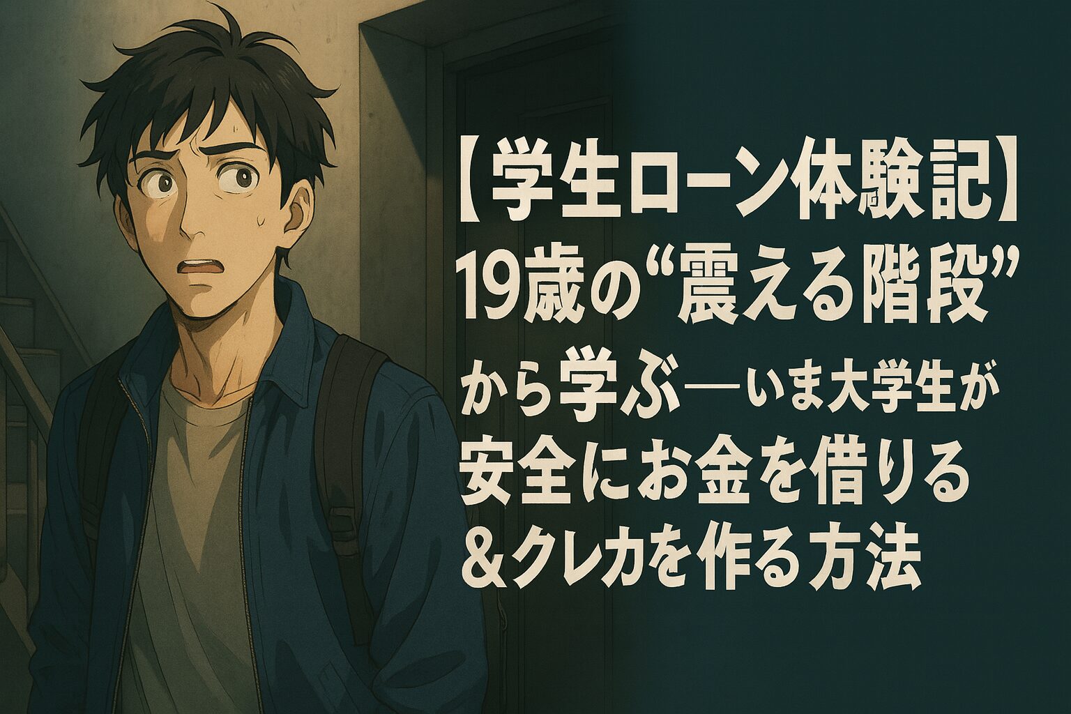 学生ローン体験記のアイキャッチ画像──薄暗い階段前で不安げな翔太と『19歳の“震える階段”から学ぶ 安全にお金を借りる＆クレカを作る方法』というタイトル文字