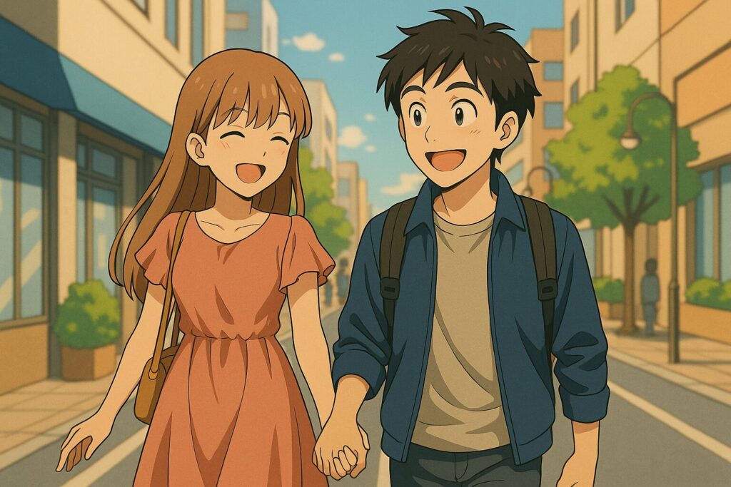 alt="街中を手をつないで楽しそうに歩く翔太とワクワクメールで出会った笑顔の女の子"