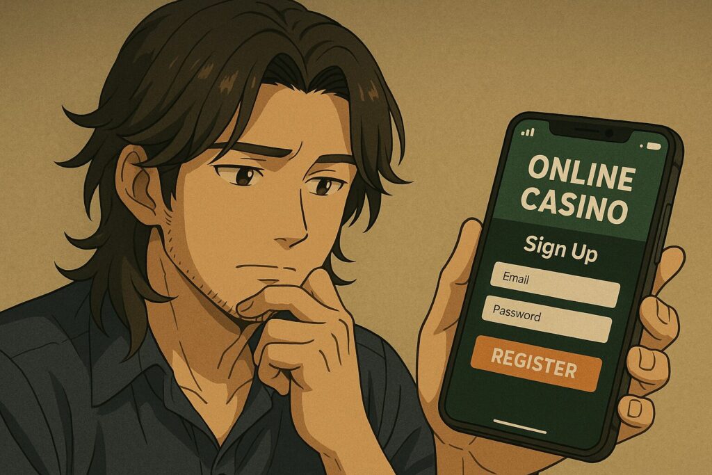 「翔太がスマホのオンラインカジノ登録画面を見ながら悩む様子を描いたデジタルイラスト。緊張感と迷いが伝わる表情で、ギャンブル依存や法律リスクを示唆する雰囲気。」