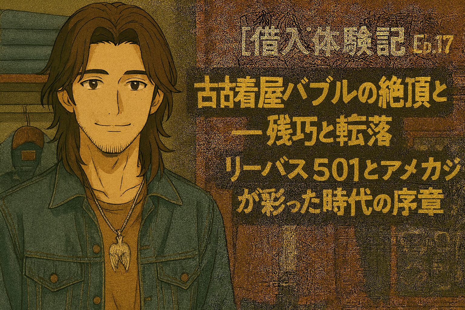長髪で無精ひげの青年・翔太が古着屋の店内に立ち、Gジャンを羽織って微笑んでいる。背後にはジーンズが積まれた棚やレッドウィング風ブーツが並び、店内はアメカジ全盛期の雰囲気。右下には「【借入体験記 Ep.17】古着屋バブルの絶頂と転落──リーバイス501とアメカジが彩った時代の序章」というタイトルがセピア調で配置されている横長バナー画像。