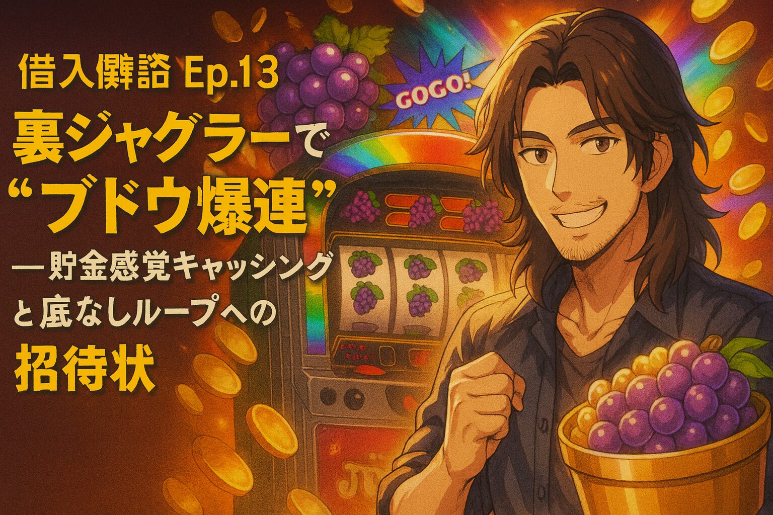 長髪で無精ひげの翔太が拳を握り笑顔で立つ前景。背後には虹色に光る「GOGO！」ランプ付きの裏ジャグラー筐体があり、リールにブドウ図柄がそろっている。画面左には黄色と白の大見出しで「【借入体験記 Ep.13】裏ジャグラーで“ブドウ爆連”──貯金感