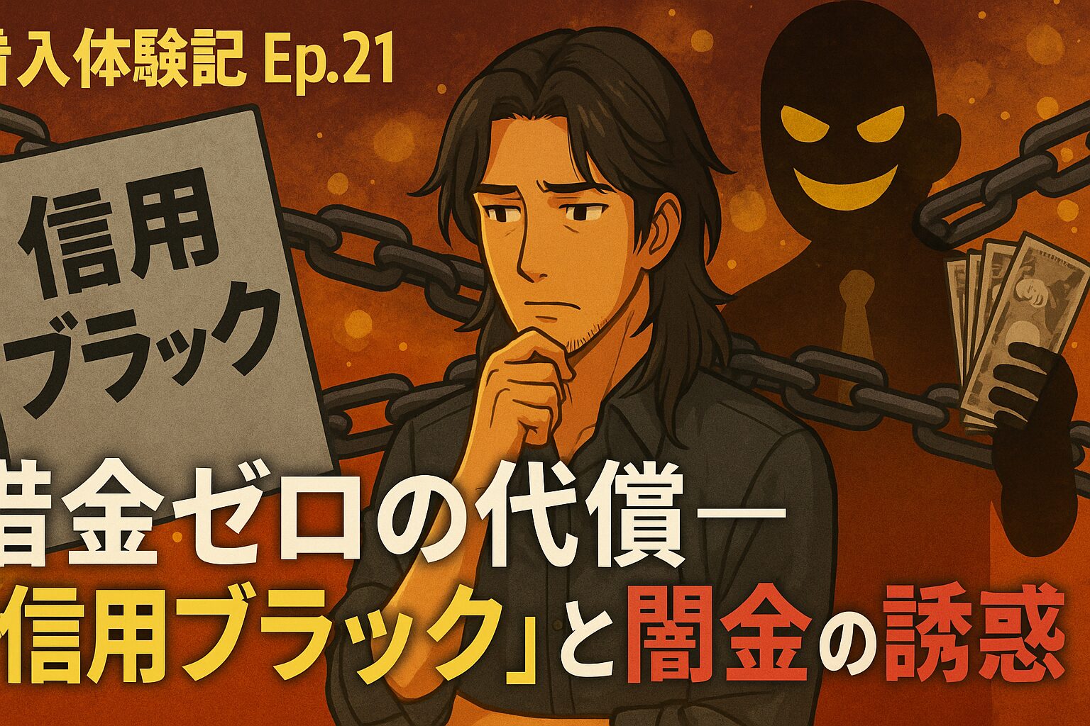 「借入体験記 Ep.21｜借金ゼロの代償──『信用ブラック』と闇金の誘惑」という文字と共に、鎖に縛られた「信用ブラック」の看板を前に悩む翔太。背後には札束を持つ不気味な闇金業者の影が迫り、翔太は苦悩の表情を浮かべている。