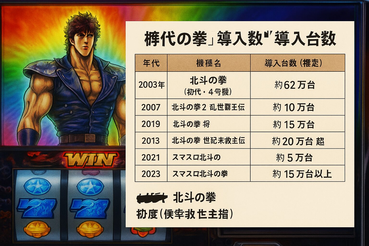 パチスロ『北斗の拳』初代（2003年・4号機）の象徴的演出を描いたイラスト。ケンシロウがバトルボーナス中に立ち上がり、背後にラオウが構える緊迫シーン。オーラ昇格の光が虹色に輝き、一撃万枚の夢を象徴する初代特有の演出を再現している。