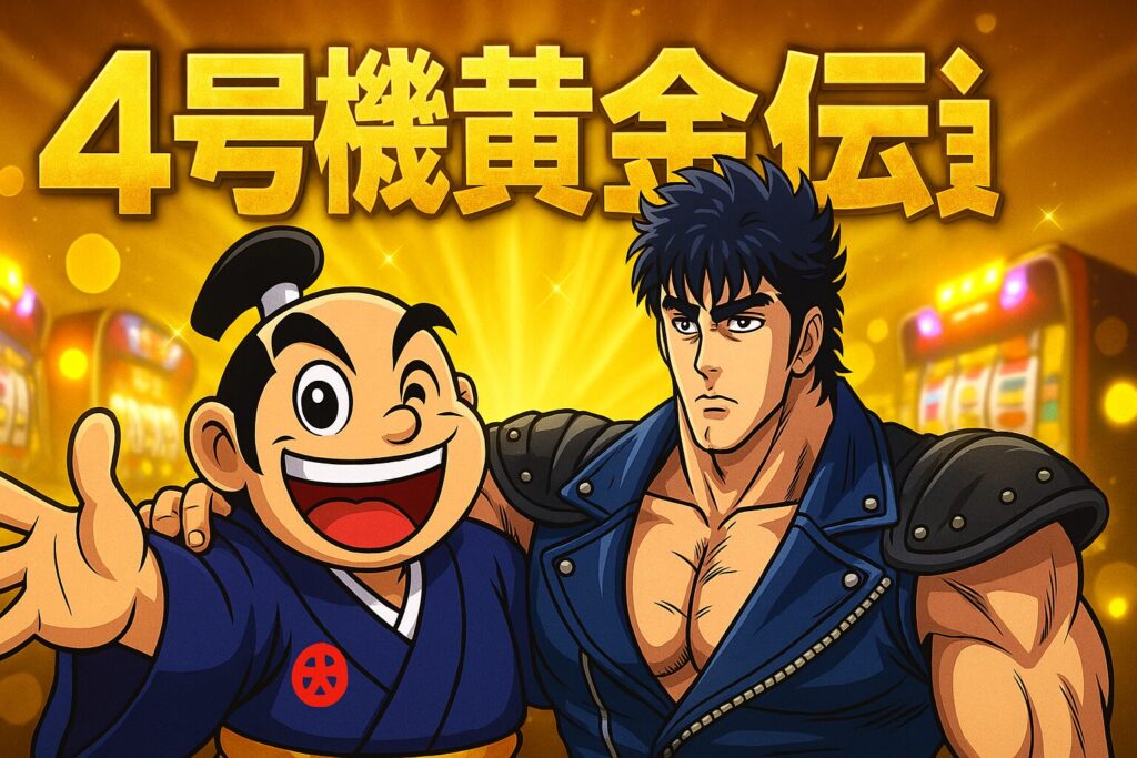 初代パチスロ「吉宗」を象徴する711枚BIGと1G連のイメージ。
大量のコインが舞い上がり、吉宗が豪快な笑みを浮かべながら札を掲げている。
背景には和風の金屏風と桜吹雪が舞い、4号機時代の爆発力と一撃性を象徴している。