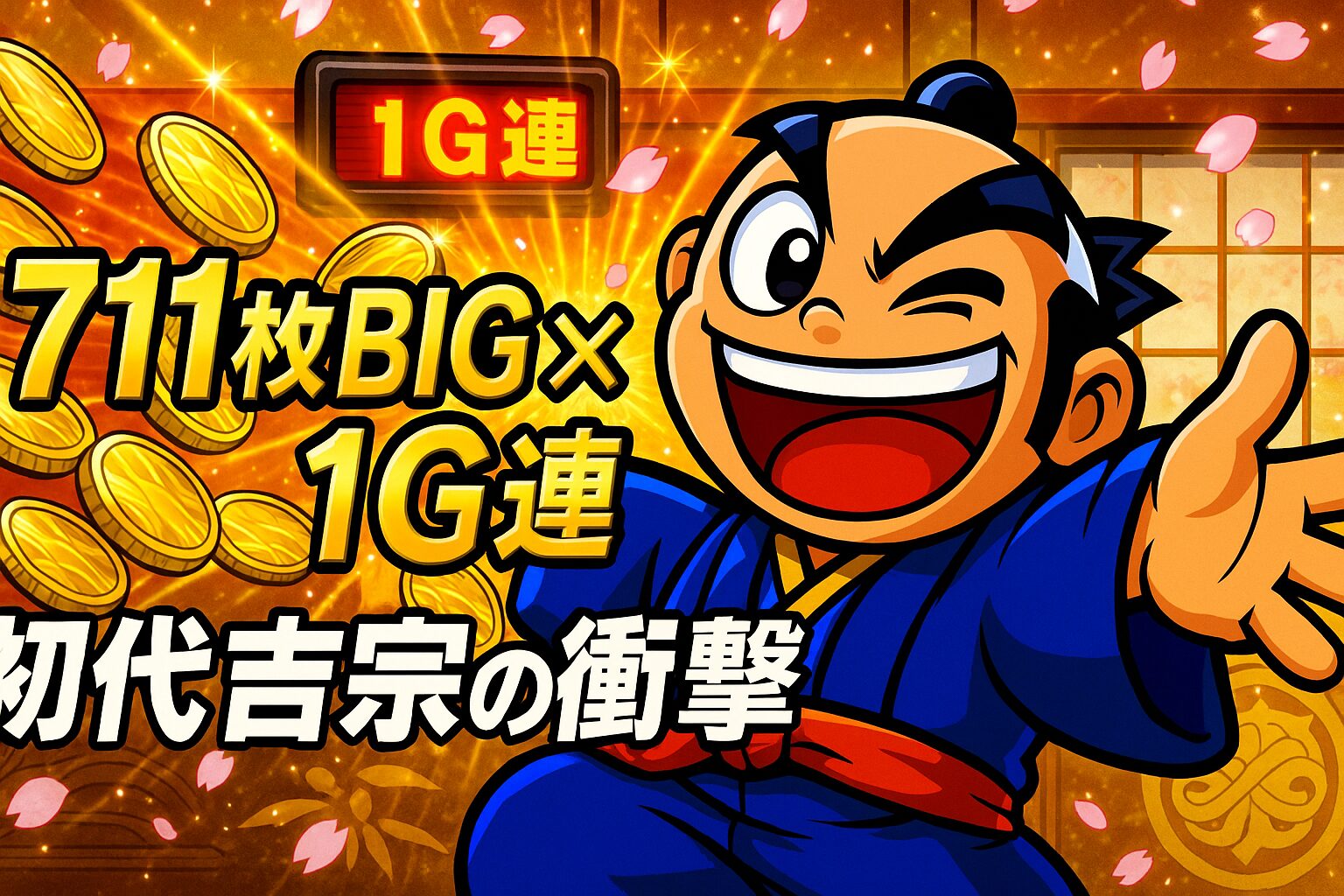 初代パチスロ「吉宗」を象徴する711枚BIGと1G連のイメージ。 大量のコインが舞い上がり、吉宗が豪快な笑みを浮かべながら札を掲げている。 背景には和風の金屏風と桜吹雪が舞い、4号機時代の爆発力と一撃性を象徴している。