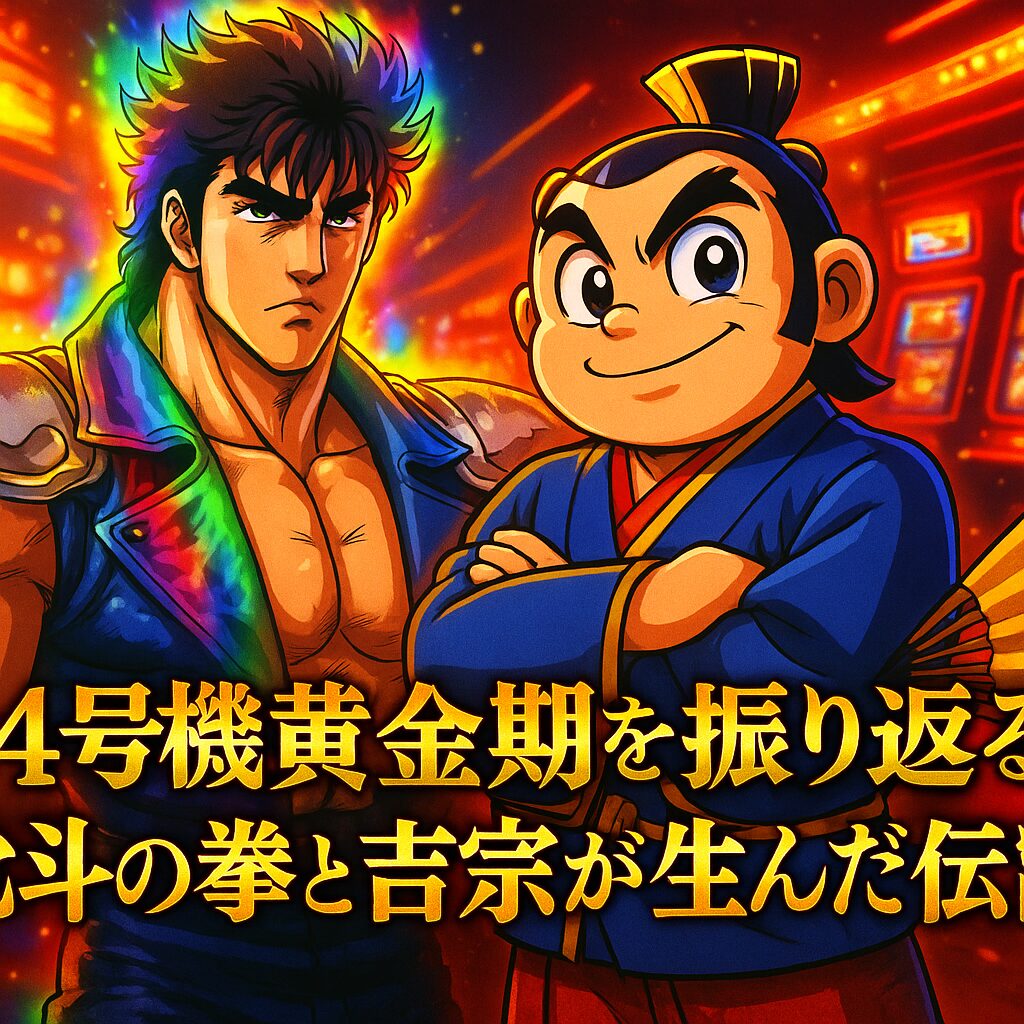 4号機黄金期を象徴するアイキャッチ。レインボーオーラをまとって立つケンシロウと、扇子を手にした吉宗が肩を組んで微笑む。背景はネオンが輝くパチスロホールの熱気を表現し、タイトル「4号機黄金期を振り返る｜北斗の拳と吉宗が生んだ伝説」が金色と赤で配置されている。