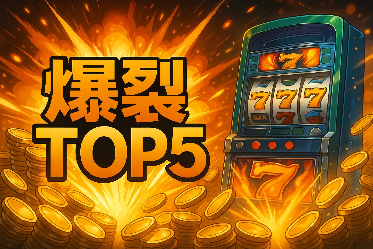 「スマスロ爆裂TOP5」をテーマにした2Dアニメ風デジタルイラスト。ホールの中でスロットプレイヤーが興奮と歓喜の表情で拳を突き上げ、背景には大量のコインが飛び交う演出とランキングを象徴する“5”の数字が輝く、爆発的出玉の象徴的シーン。