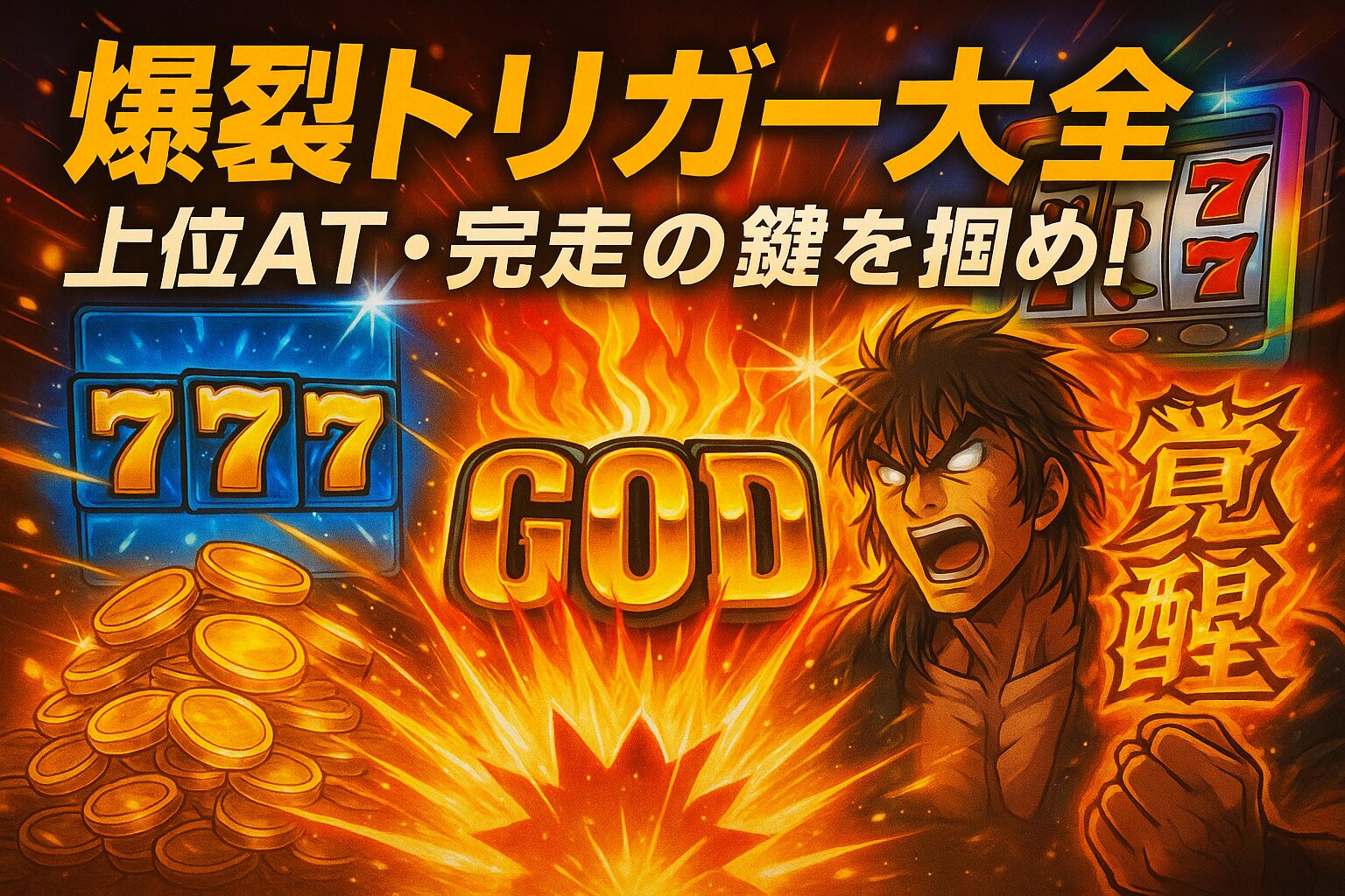 「爆裂トリガー大全｜上位AT・完走の鍵を掴め！のアイキャッチ画像。炎を背景に“GOD”や“777”が輝き、プレイヤーが覚醒して拳を突き上げる姿が描かれた迫力ある演出シーン。フリーズや上位AT突入の瞬間、爆発的な出玉のイメージを表現している。」