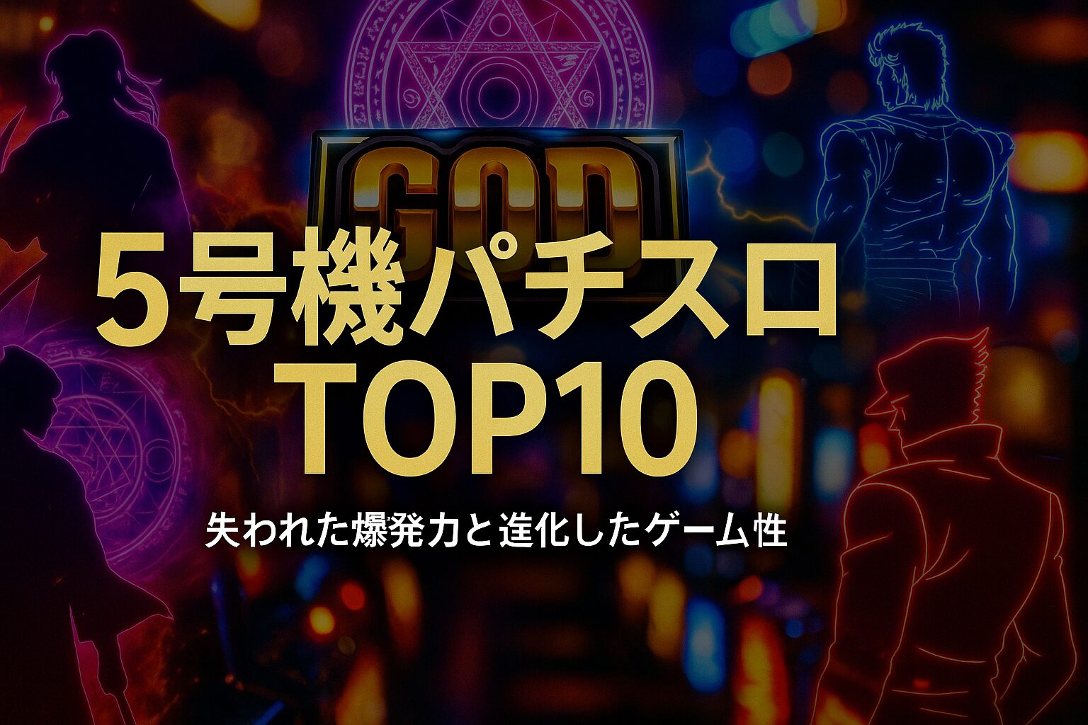 5号機パチスロ人気ランキングTOP10のアイキャッチ画像。液晶演出が進化した5号機のスロット筐体が並び、ホールのネオンが輝く背景。失われた爆発力と新たなゲーム性を象徴するデザイン。