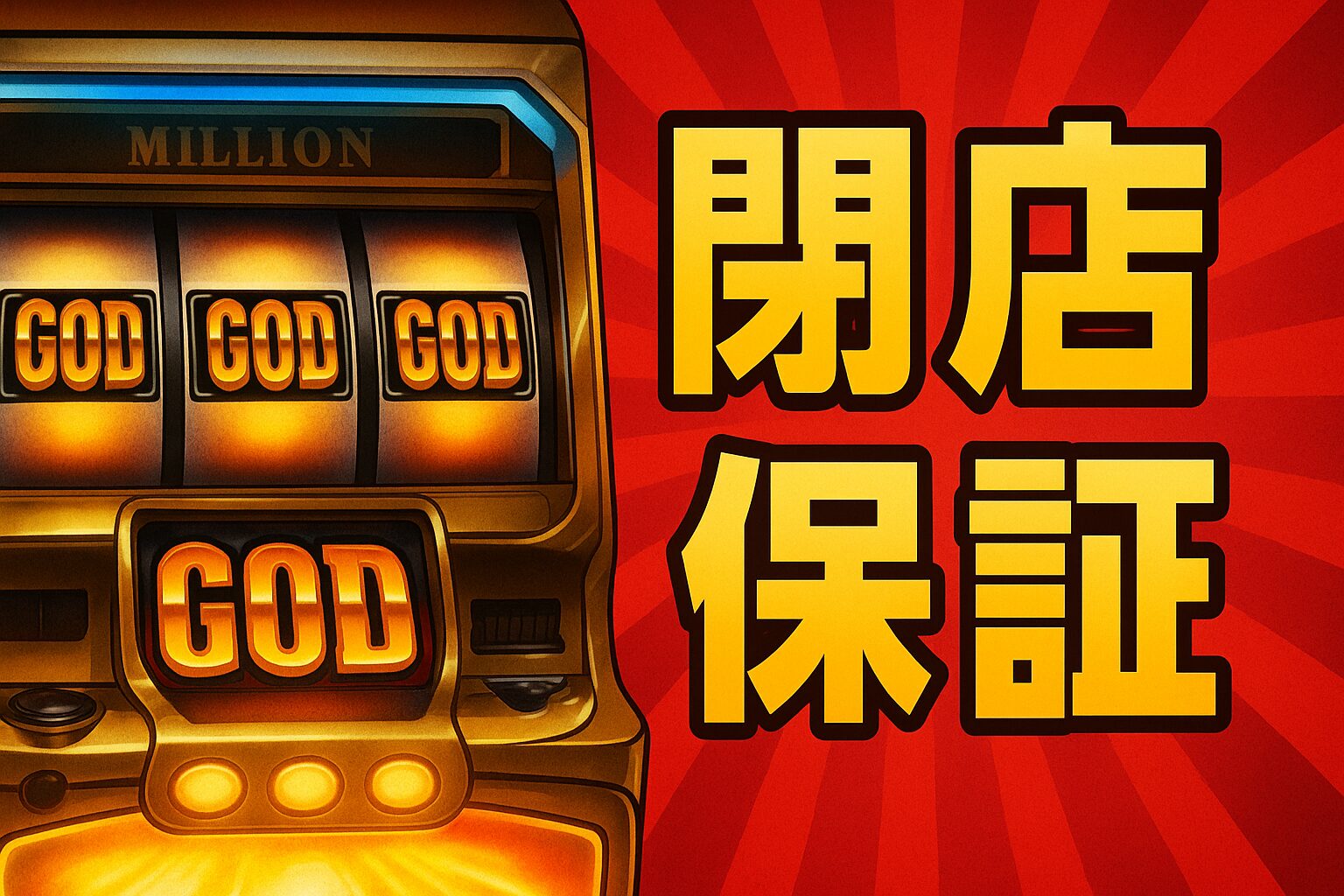 「ミリオンゴッド」初代を象徴するGOD揃い演出と、かつて存在した“閉店保証”をイメージしたデジタルイラスト。金色の「GOD」図柄がリールに揃い、閉店間際のホールの雰囲気と現金保証を示す札束が描かれ、往年の爆裂仕様と伝説の特典を象徴している。